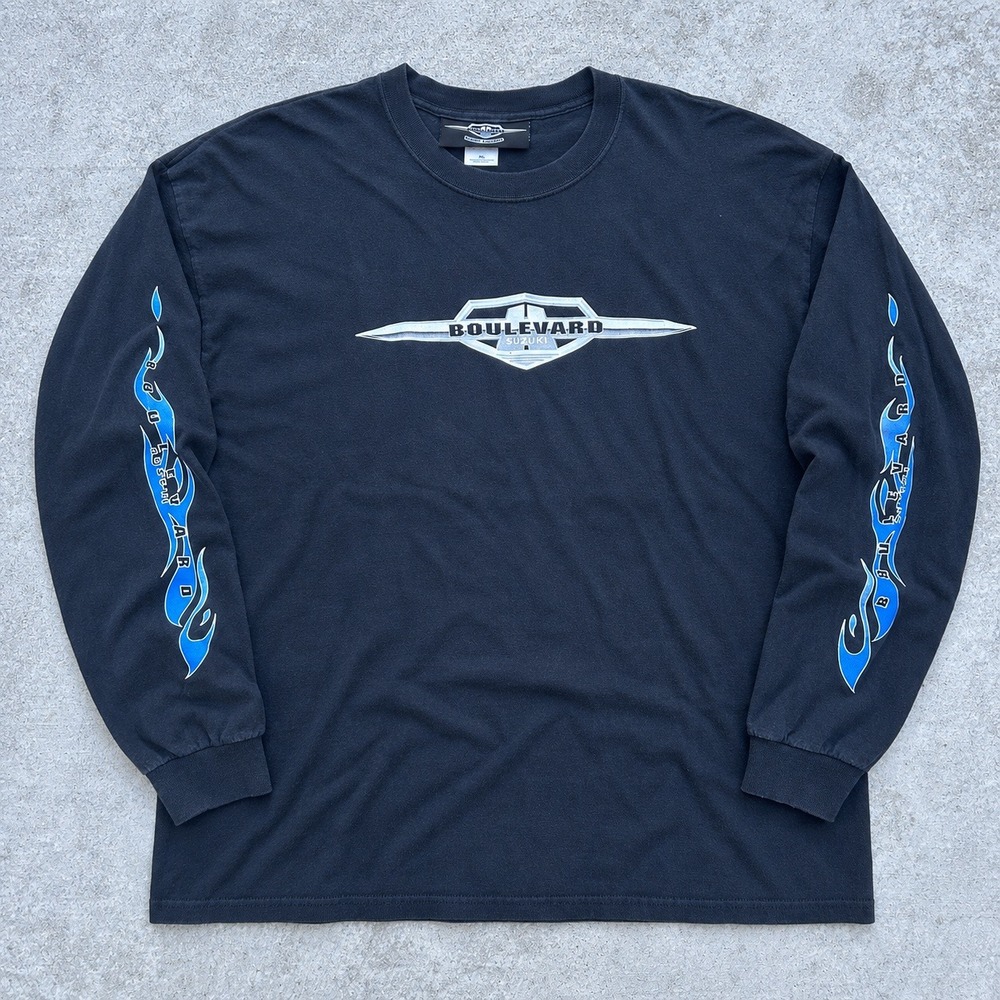 Suzuki Boulevard Long Sleeve Shirt 2XL Black Y2K Blue Flames Sleeve Streetwear